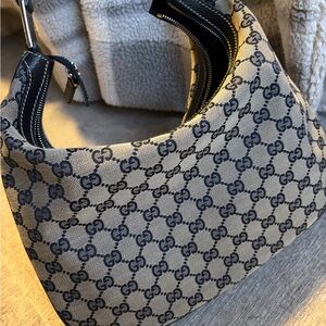 SOLD Gucci Navy GG Sherry Line Canvas Shoulder Hobo Bag